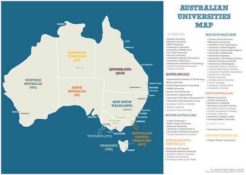 Карта расположения университетов Австралии
